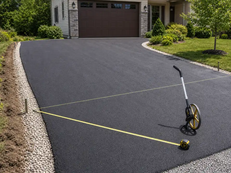 Residential asphalt driveway being measured with a wheel and tape