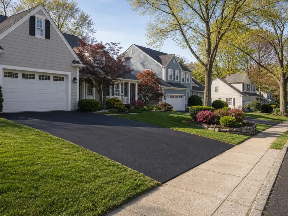 Suburban neighborhood with multiple asphalt driveways in a mature landscape