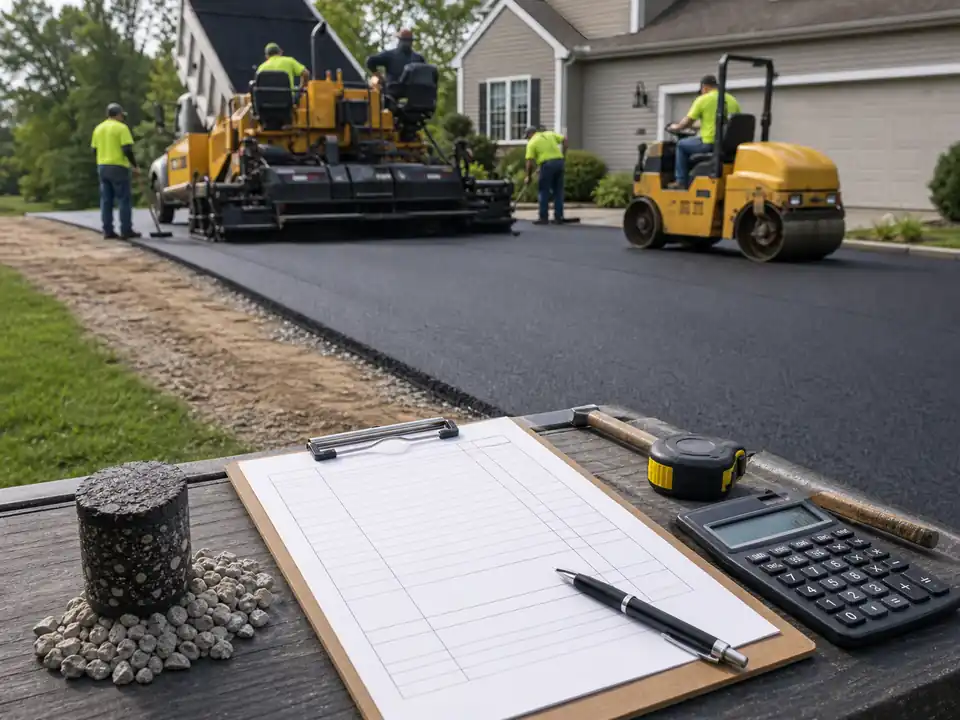 Residential paving job with blank cost worksheet, asphalt sample, and base stone