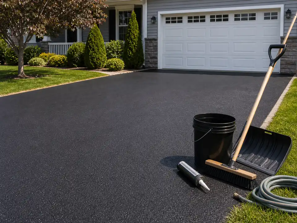 Well maintained asphalt driveway with seasonal maintenance tools near the garage