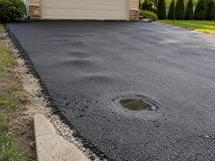 New asphalt driveway with waves, raveling edge, and a low spot