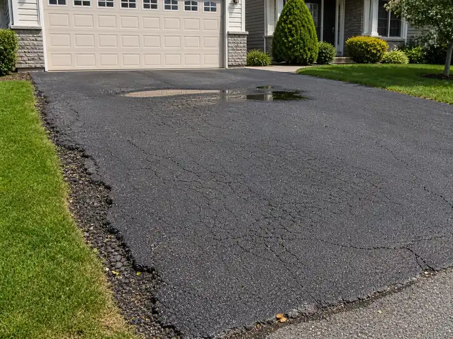 Asphalt driveway with reflective cracks, ponding, and a weak edge