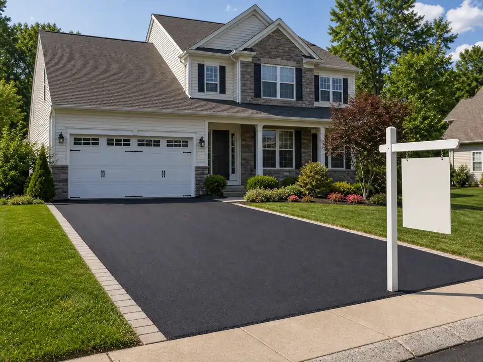 Fresh asphalt driveway boosting curb appeal in front of a suburban home
