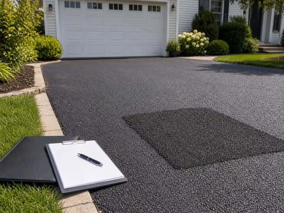 Patched asphalt driveway area with blank warranty paperwork nearby