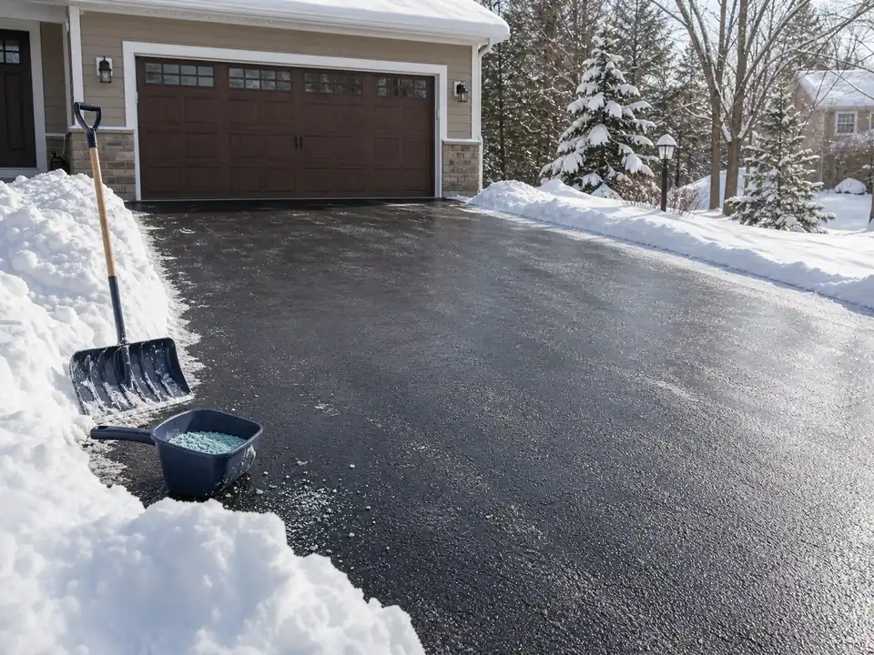 Cleared black asphalt driveway with snowbanks, shovel, and ice melt scoop