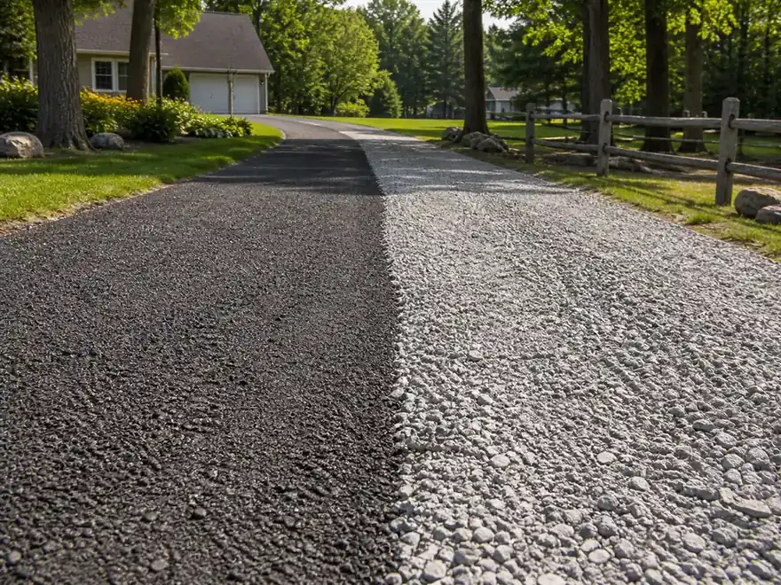 Compacted asphalt millings driveway surface beside light gravel