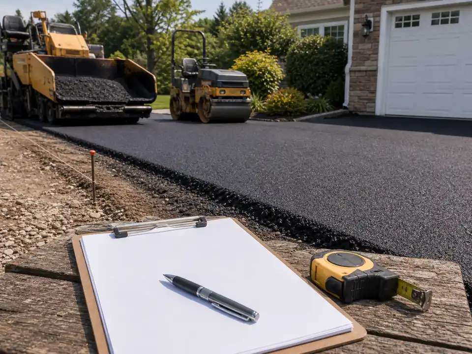 Blank paving contract clipboard with paver and roller in the background