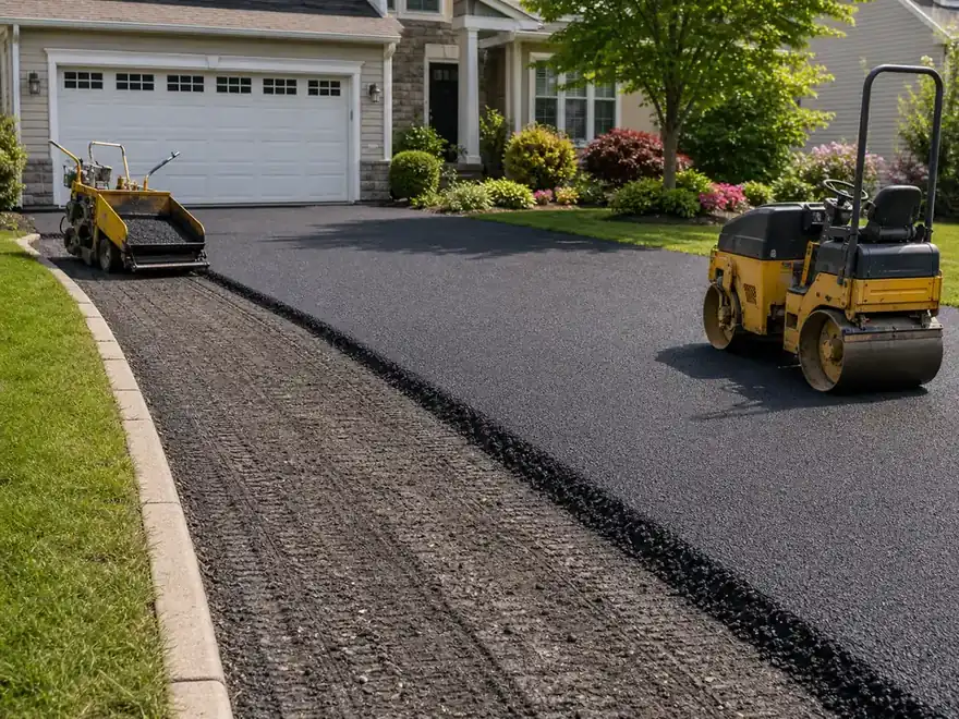Fresh asphalt overlay being placed over an older prepared driveway