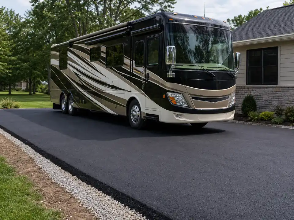Large RV parked on a reinforced asphalt parking pad beside a home