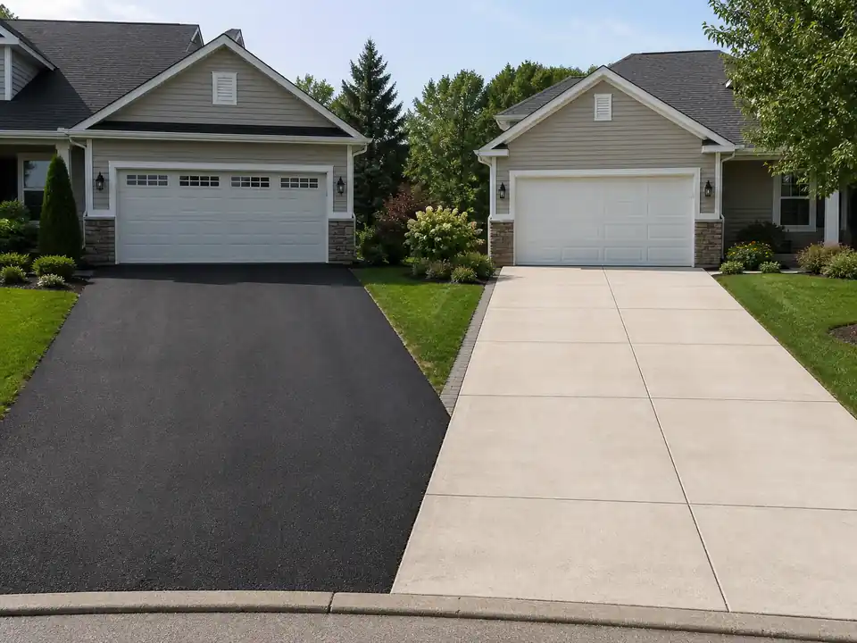 Adjacent asphalt and concrete residential driveways in a suburban neighborhood