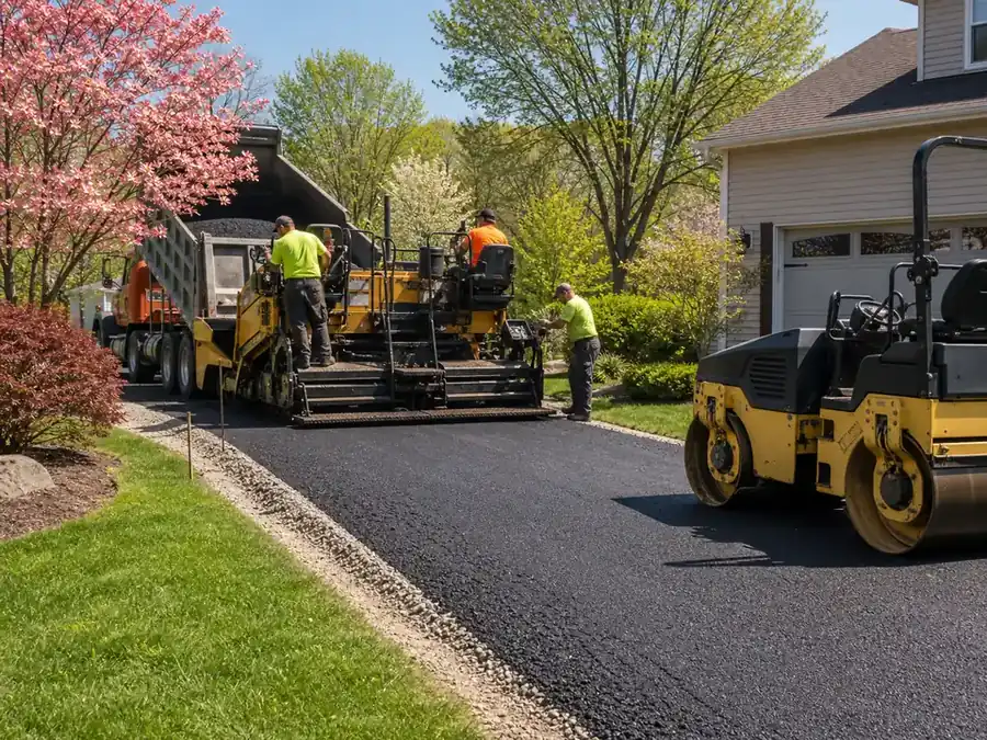 Driveway paving crew working on a mild dry day with seasonal yard context