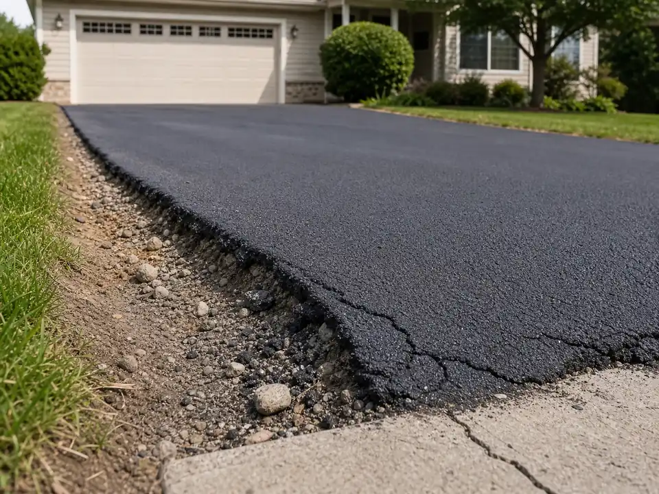 Thin unsupported asphalt driveway edge with loose base stone