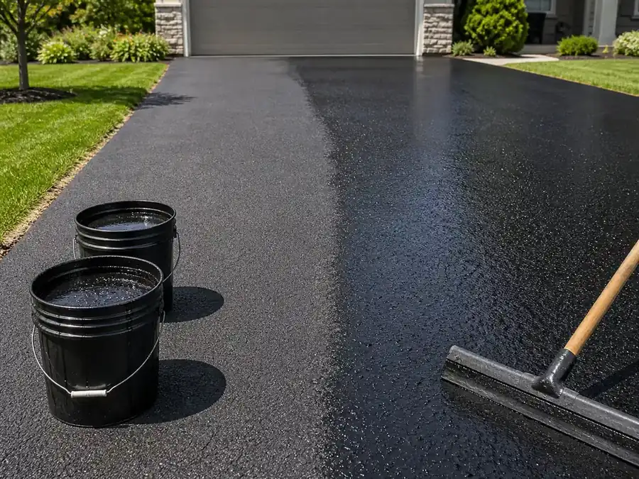 Unlabeled sealer pails beside a freshly sealcoated asphalt driveway