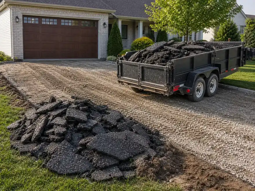 Broken asphalt driveway pieces being loaded for removal and hauling