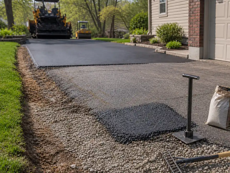 Small DIY asphalt patch area with compacted base and hand tamper