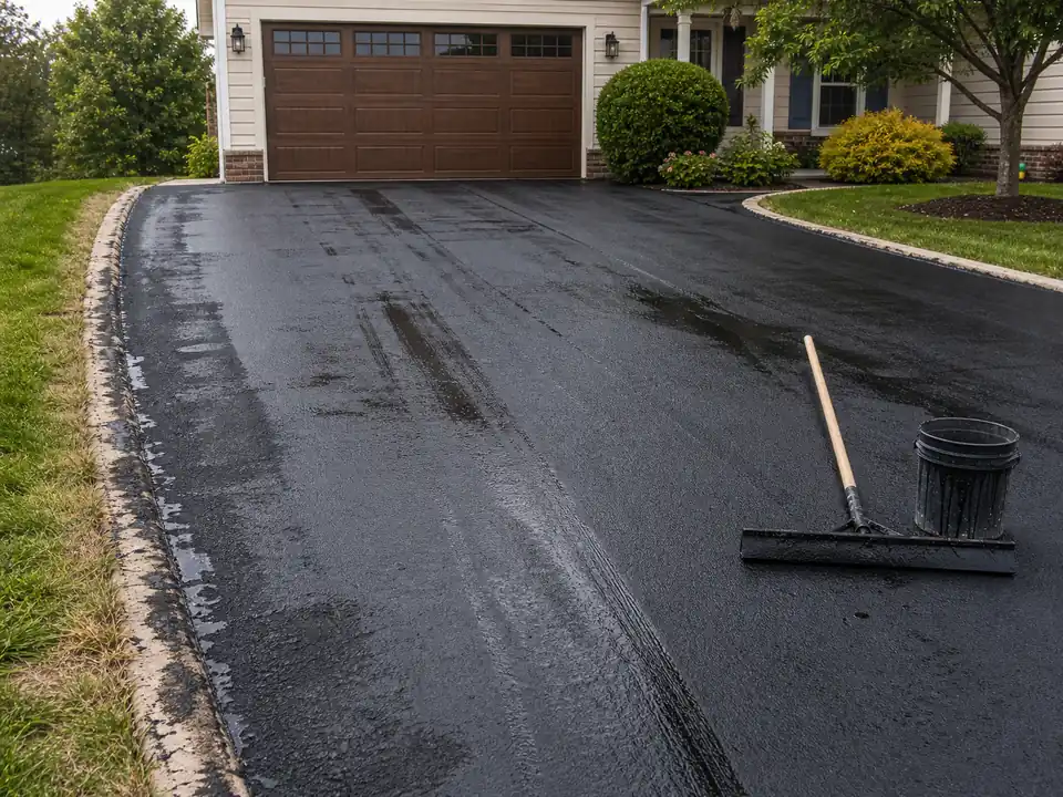 Uneven DIY sealcoat application with streaks and puddled areas