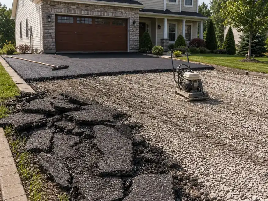 Old asphalt driveway tear-out with exposed gravel base and new paving work