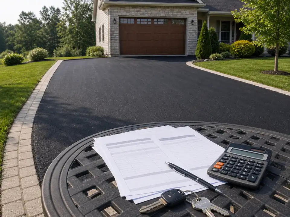 New asphalt driveway with blank budget paperwork, calculator, and house keys