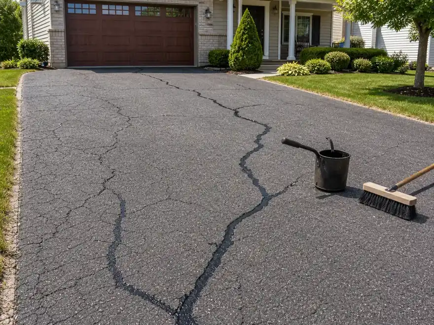 Asphalt driveway cracks being repaired with filler and basic tools