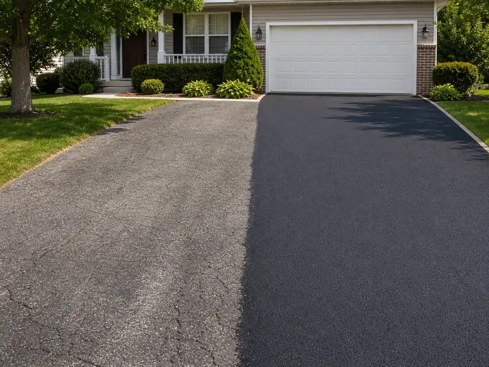 Old gray asphalt beside a newer dark resurfaced driveway section