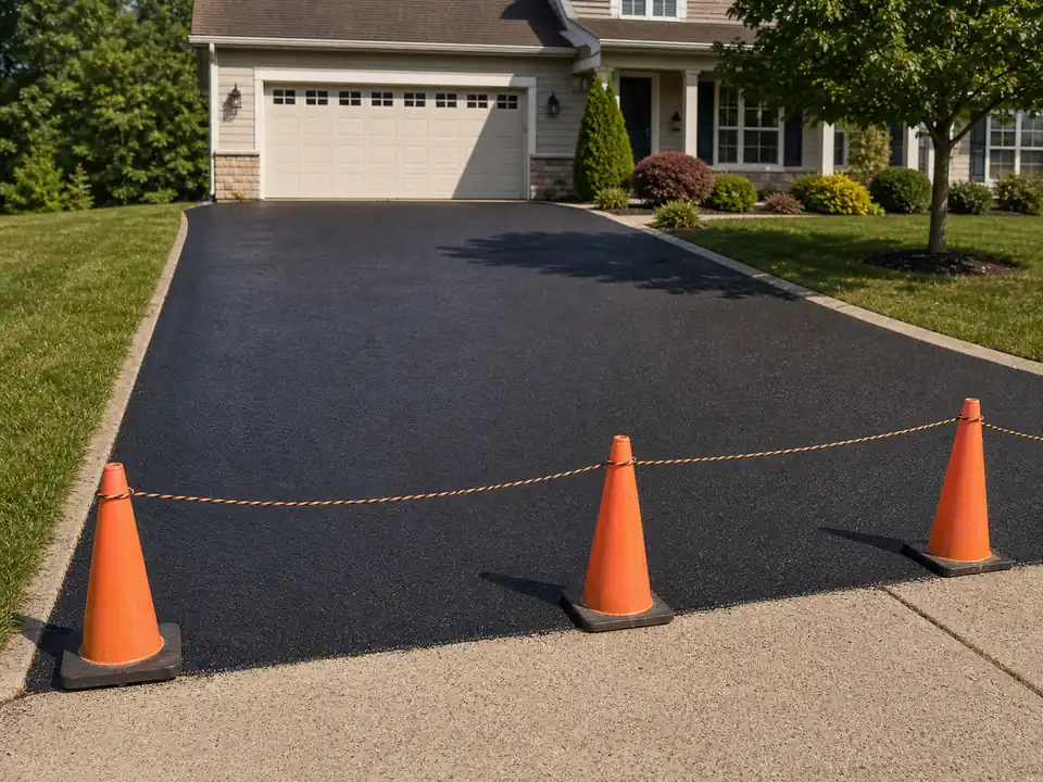Freshly sealcoated driveway blocked off with plain cones and rope