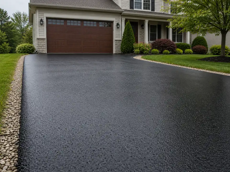 Well maintained sealcoated asphalt driveway with water beading