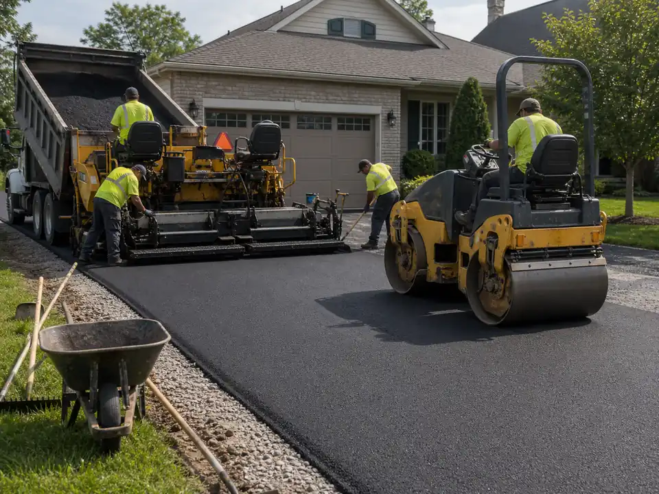 Professional asphalt paving crew with paver and roller on a residential driveway