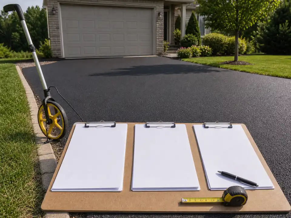 Three blank paving quote sheets on a driveway with measuring tools