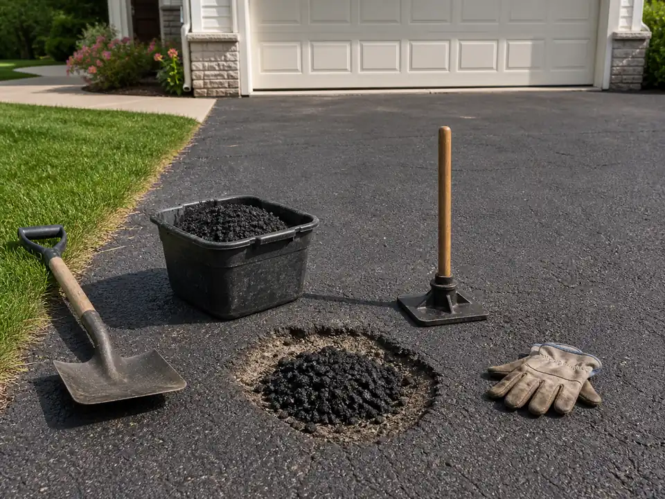 Driveway pothole repair setup with cold patch, shovel, and tamper