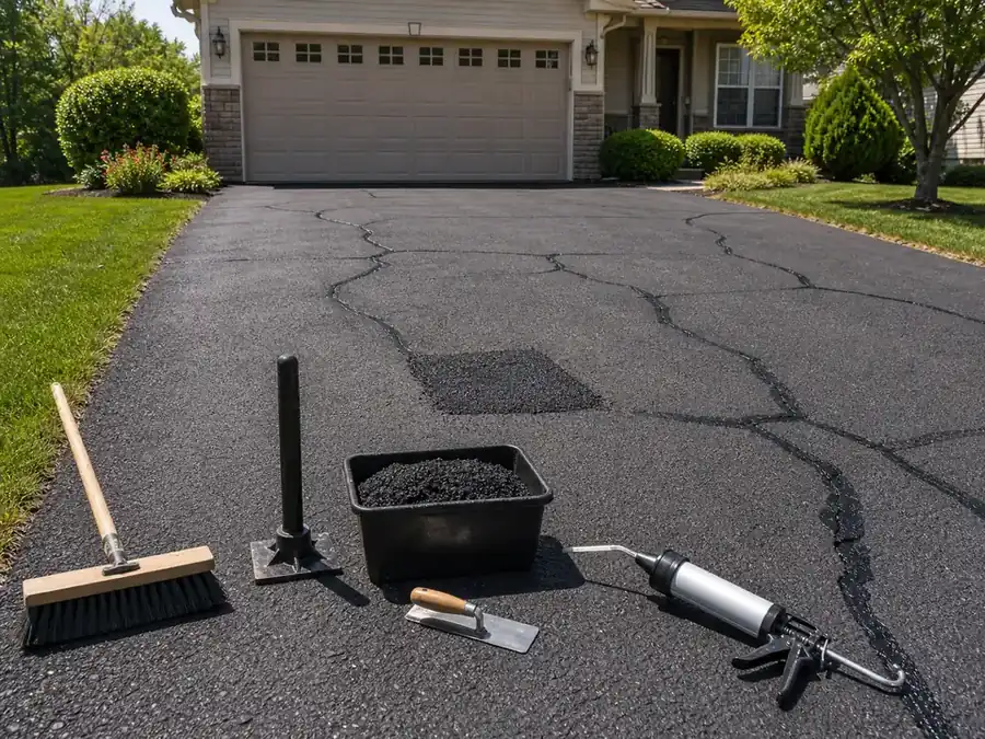 Asphalt driveway repair tools with filled cracks and a patched area