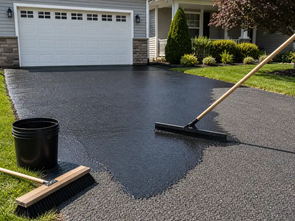 DIY asphalt driveway sealcoat applied with a squeegee and plain pail