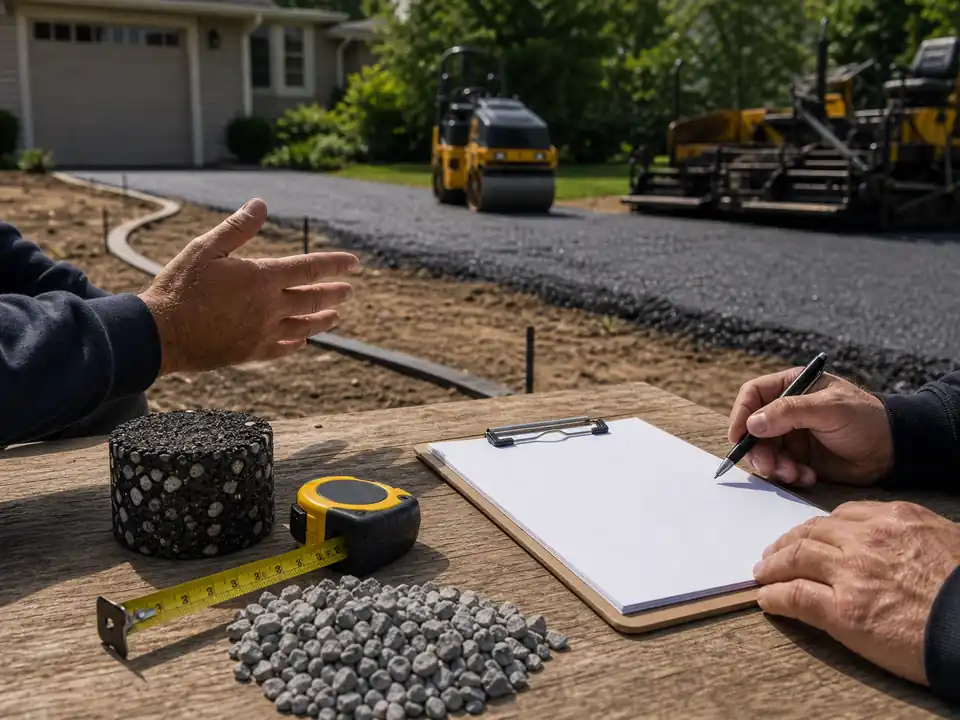 Blank contractor question clipboard with driveway measuring tools and equipment