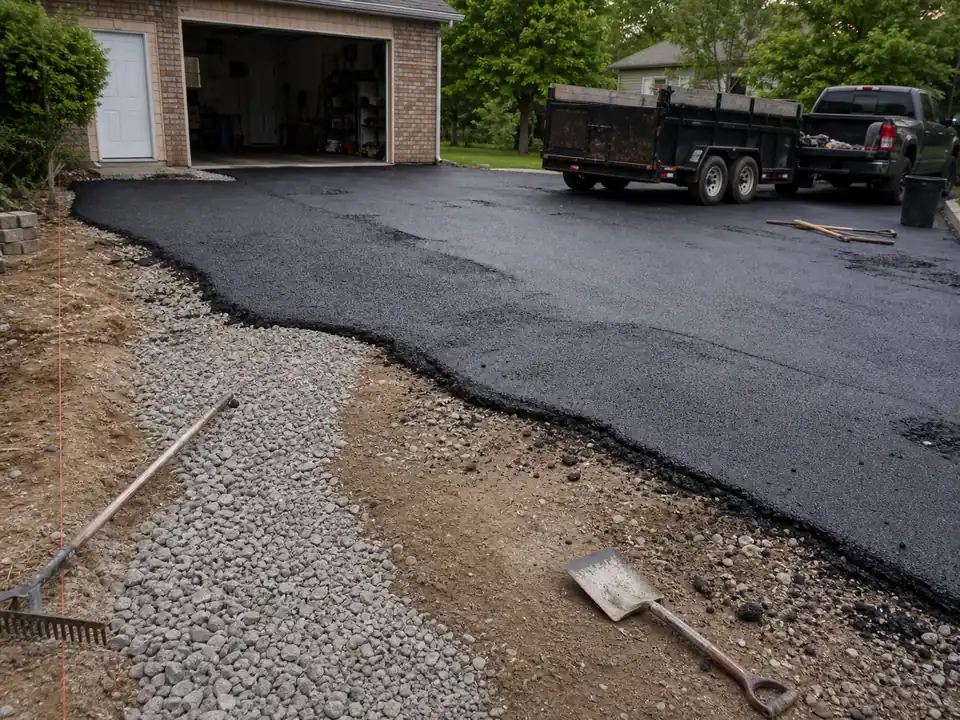 Sloppy asphalt driveway jobsite with thin edge and uneven base prep
