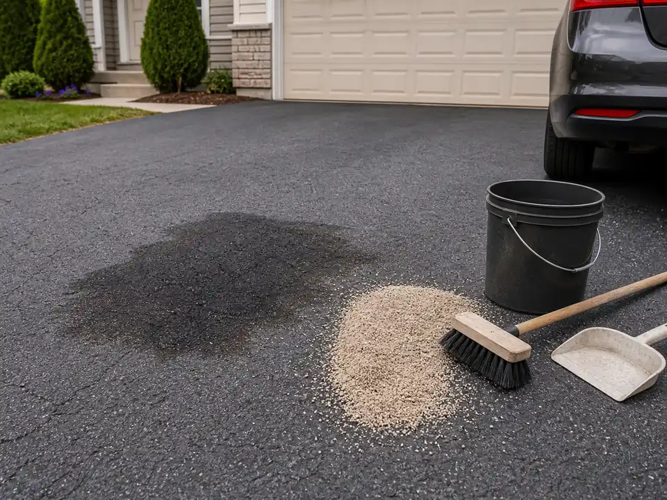Dark oil stain on an asphalt driveway with absorbent and brush nearby