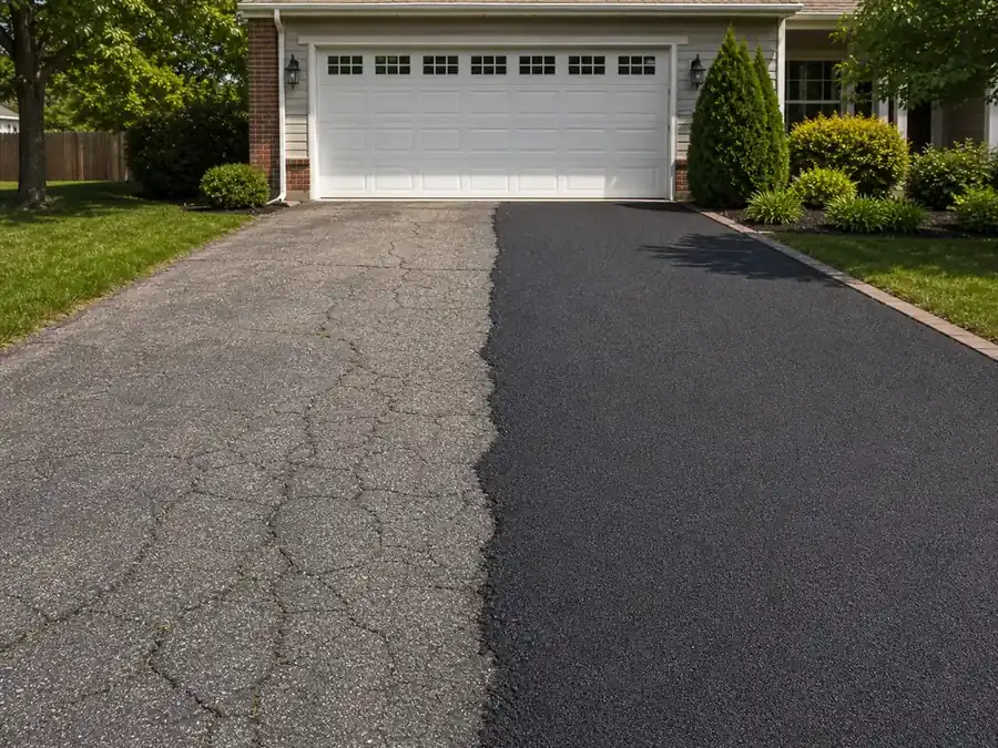 Old cracked asphalt beside a newly resurfaced driveway section