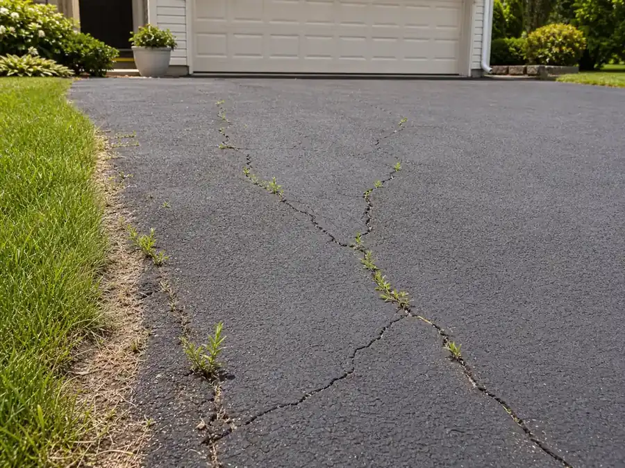 Small weeds growing through cracks in a residential asphalt driveway