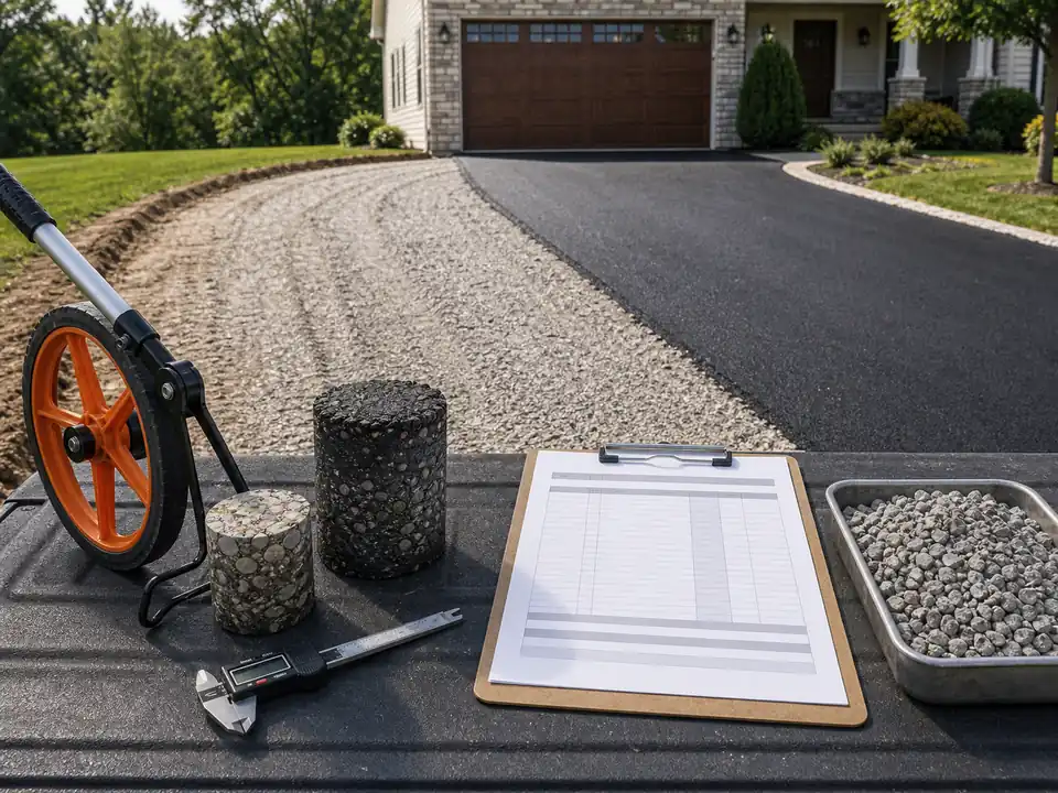Driveway estimate tools with asphalt core, base stone, and blank quote sheet