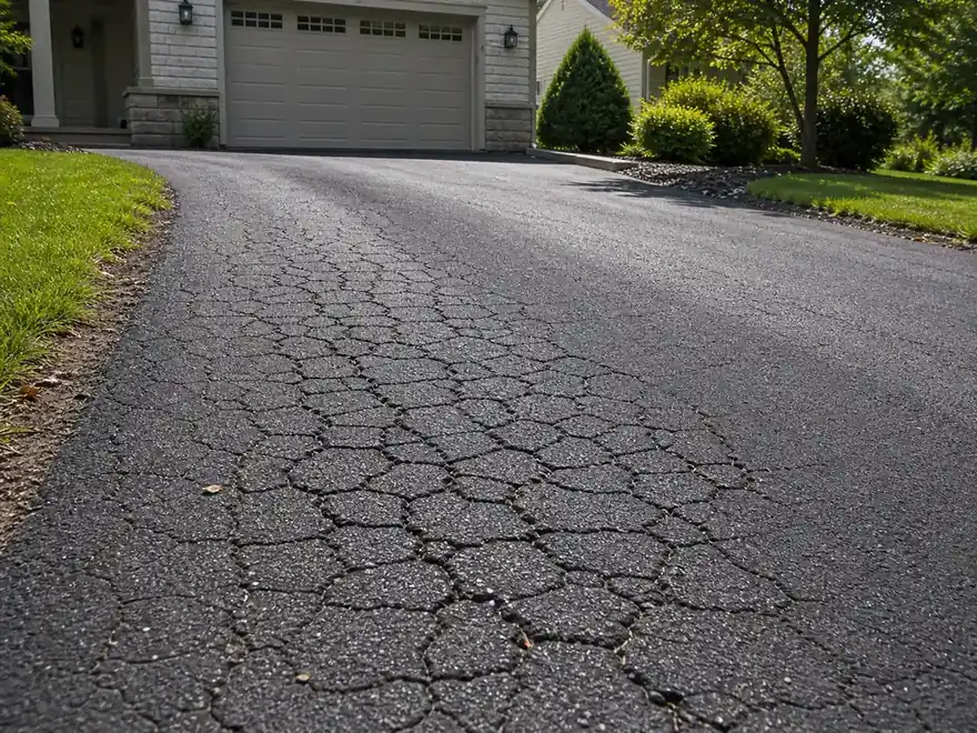Residential asphalt driveway section with interconnected alligator cracking