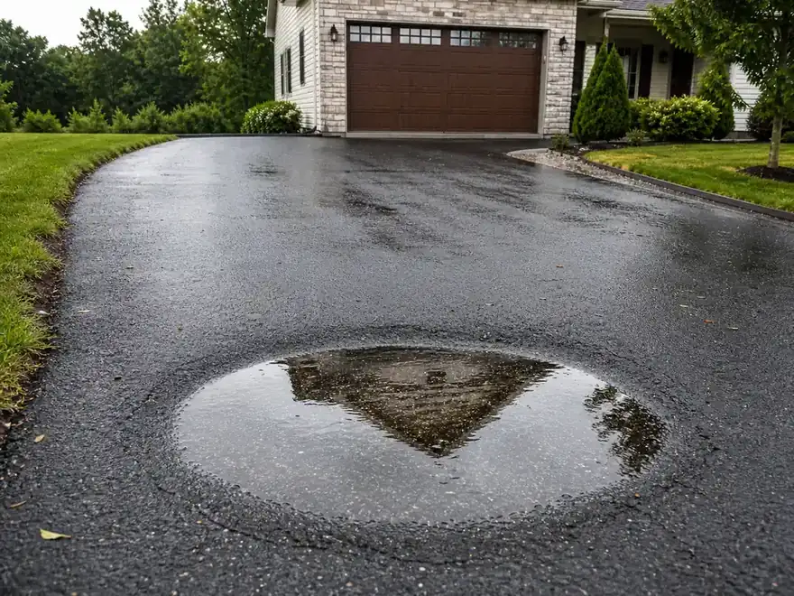 Shallow puddle pooled in a birdbath low spot on an asphalt driveway