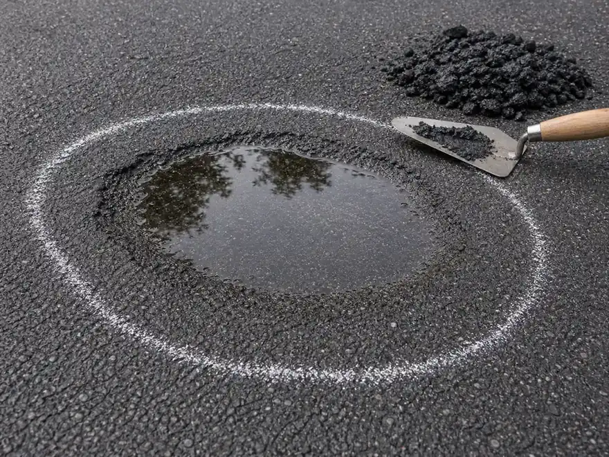 Marked asphalt low spot with pooled water and repair tools nearby