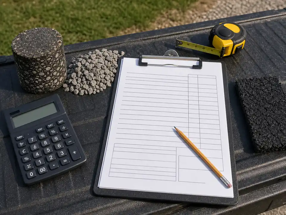 Blank driveway cost worksheet with calculator, asphalt core, and base stone