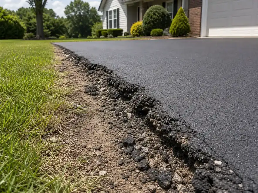 Crumbling asphalt driveway edge beside grass and loose aggregate