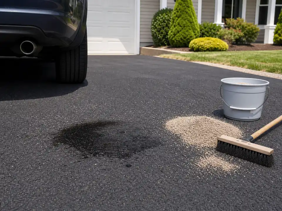 Small fuel spill on an asphalt driveway with absorbent and cleanup tools