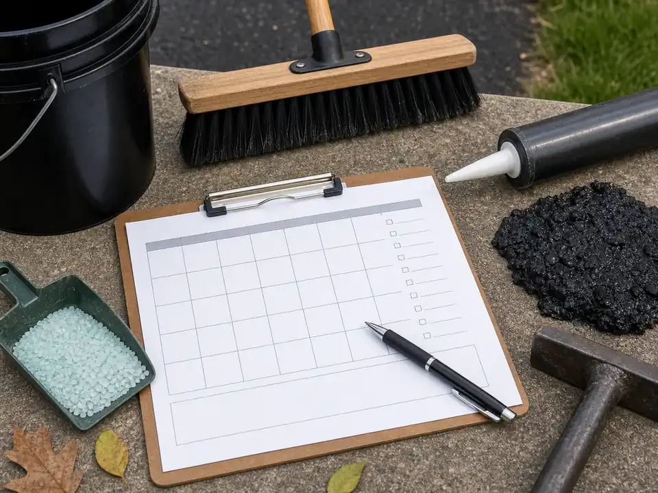 Blank driveway maintenance checklist surrounded by seasonal tools