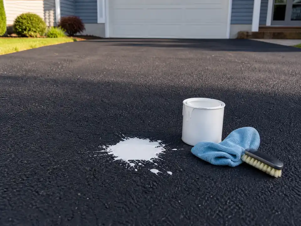 White paint spill on a residential asphalt driveway with cleanup supplies nearby