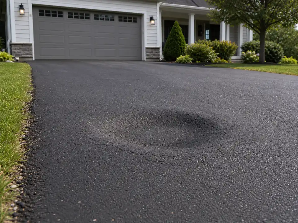 Sunken low spot in an asphalt driveway near a garage