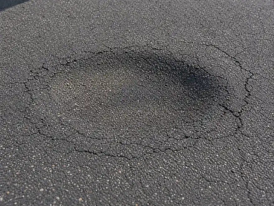 Close-up of a settled asphalt driveway depression with cracked edges