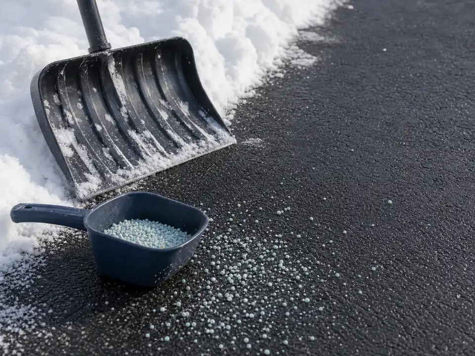 Snow shovel and ice melt pellets on a cleared asphalt driveway