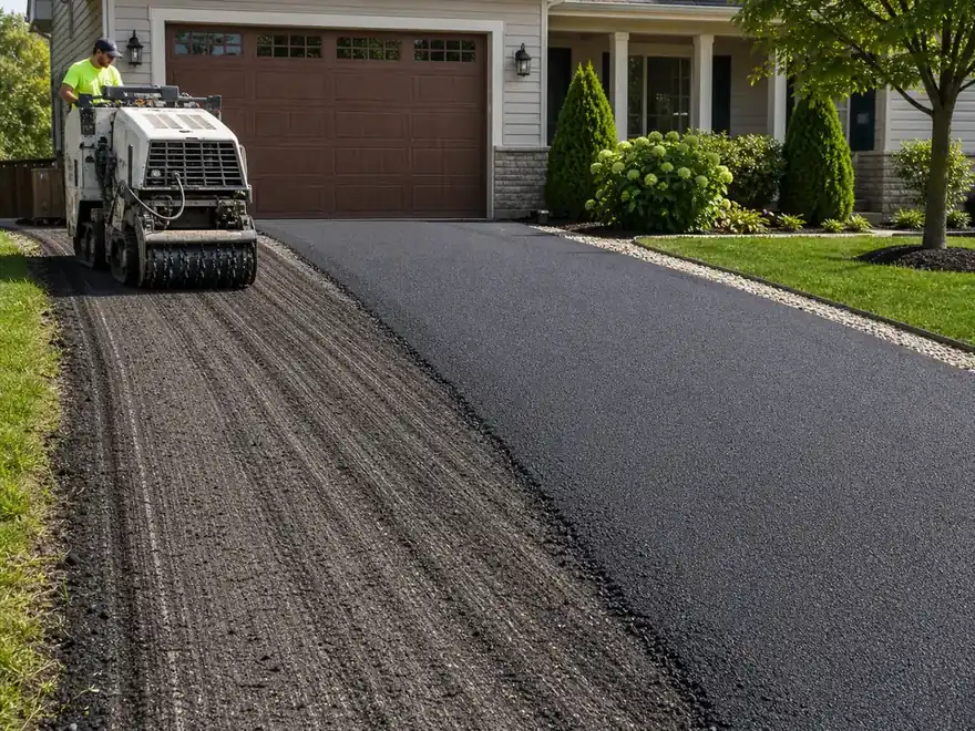 Milled asphalt driveway surface beside a fresh overlay edge