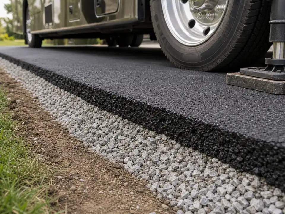 Thick asphalt parking pad edge over compacted base near an RV tire